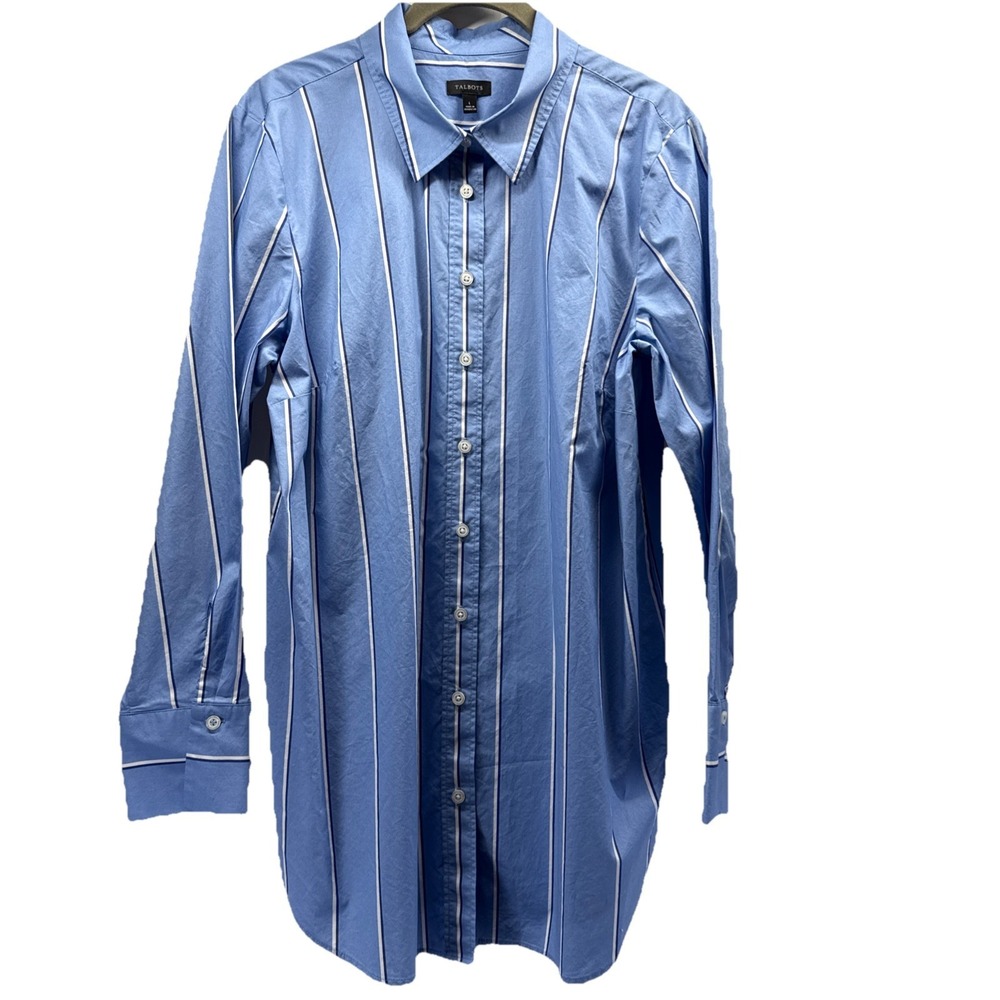 Talbots Women's Top Blouse Sz‎ Large Blue White Stripe Button Up Office Cotton